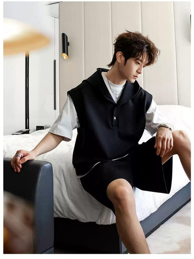 Chuan Hooded Vest Layer T-Shirt and Shorts Set-korean-fashion-Clothing Set-Chuan's Closet-OH Garments