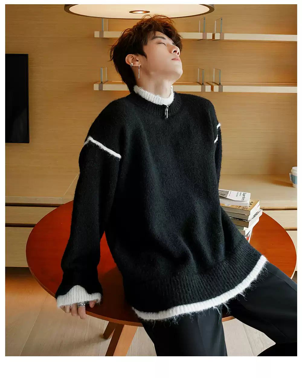 Chuan Irregular Contrast Zipped Sweater-korean-fashion-Sweater-Chuan's Closet-OH Garments