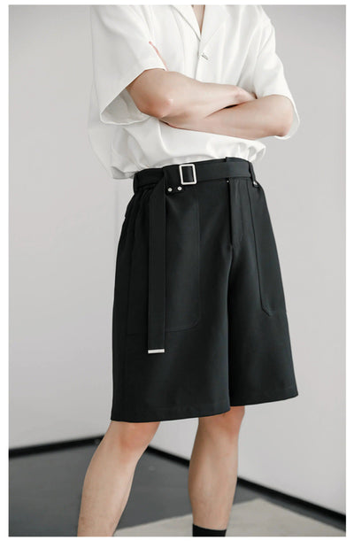 Chuan Large Pocket Belt Strap Suit Shorts-korean-fashion-Shorts-Chuan's Closet-OH Garments