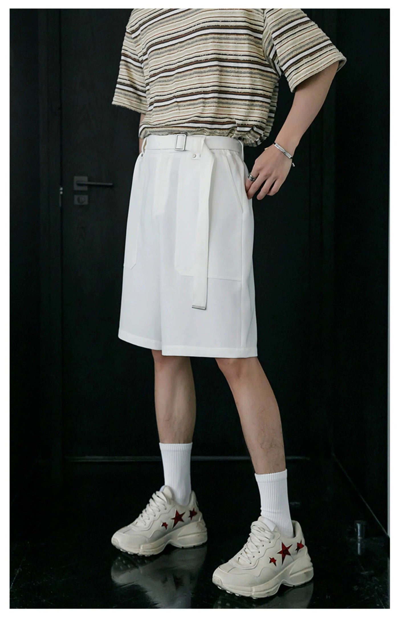 Chuan Large Pocket Belt Strap Suit Shorts-korean-fashion-Shorts-Chuan's Closet-OH Garments