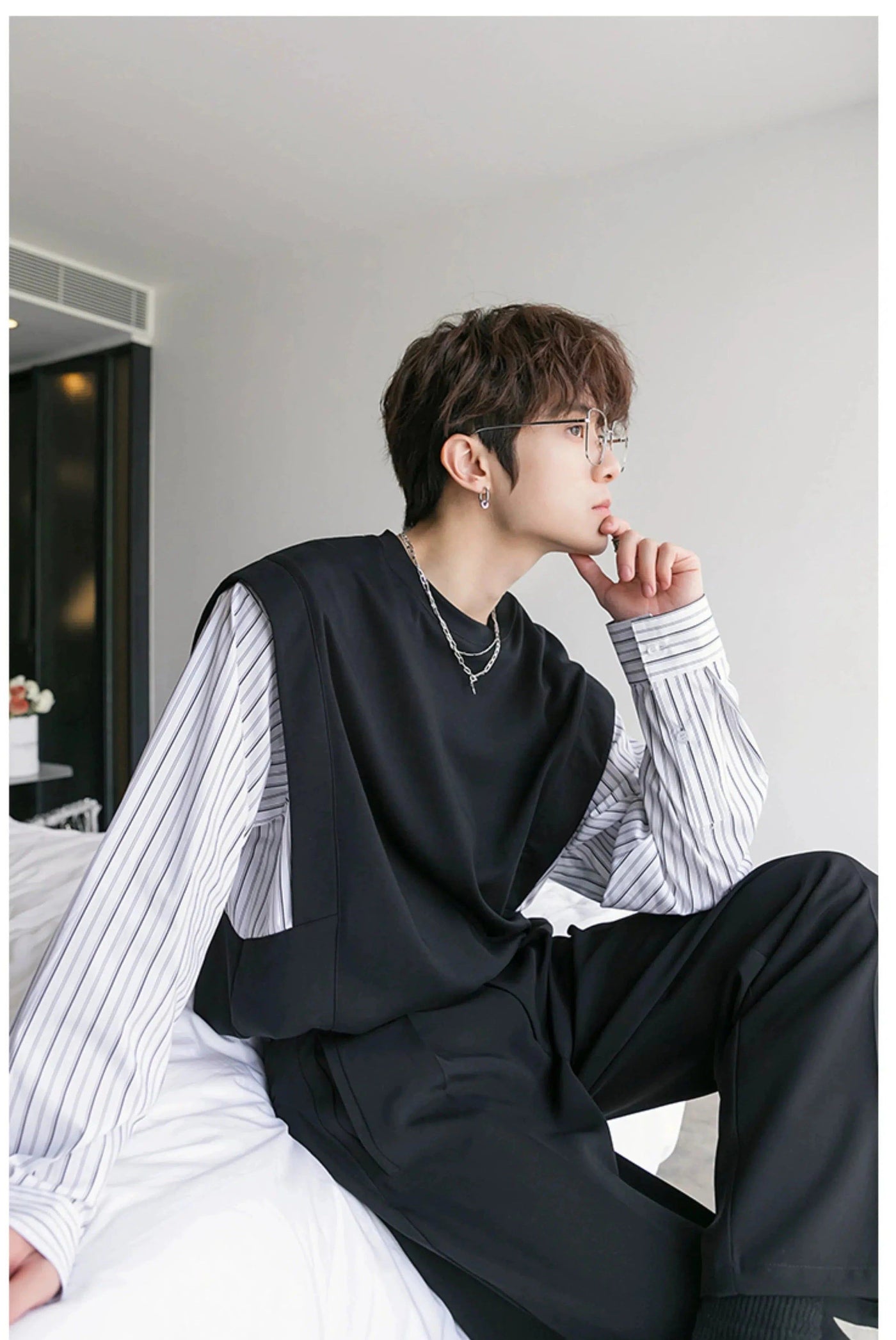 Chuan Layer Vest Striped Shirt-korean-fashion-Shirt-Chuan's Closet-OH Garments