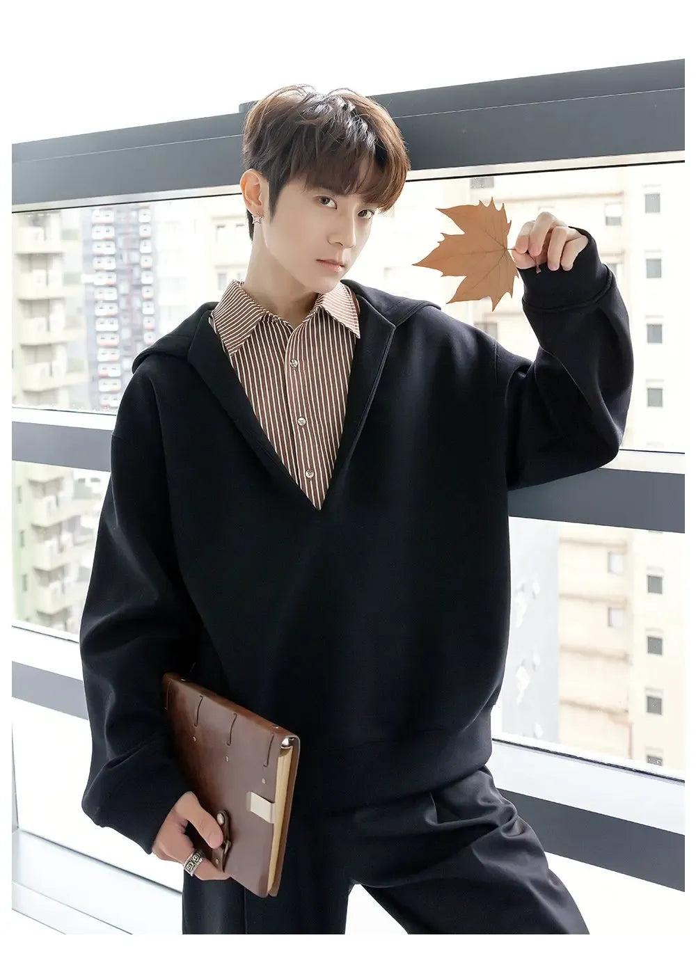 Chuan Layered Striped Collar Hoodie-korean-fashion-Hoodie-Chuan's Closet-OH Garments