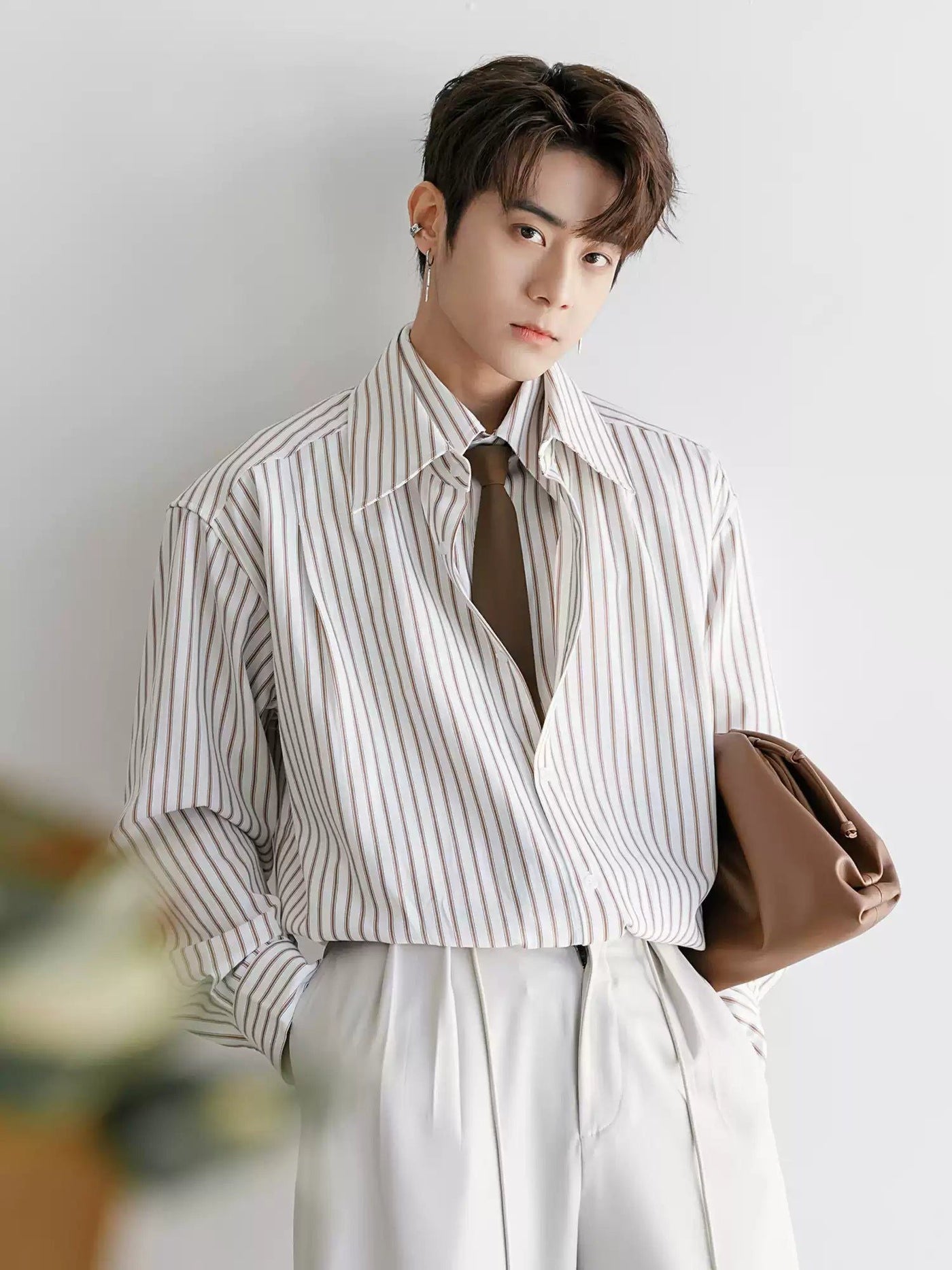 Chuan Layered Vertical Striped With Tie Shirt-korean-fashion-Shirt-Chuan's Closet-OH Garments