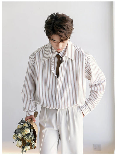 Chuan Layered Vertical Striped With Tie Shirt-korean-fashion-Shirt-Chuan's Closet-OH Garments