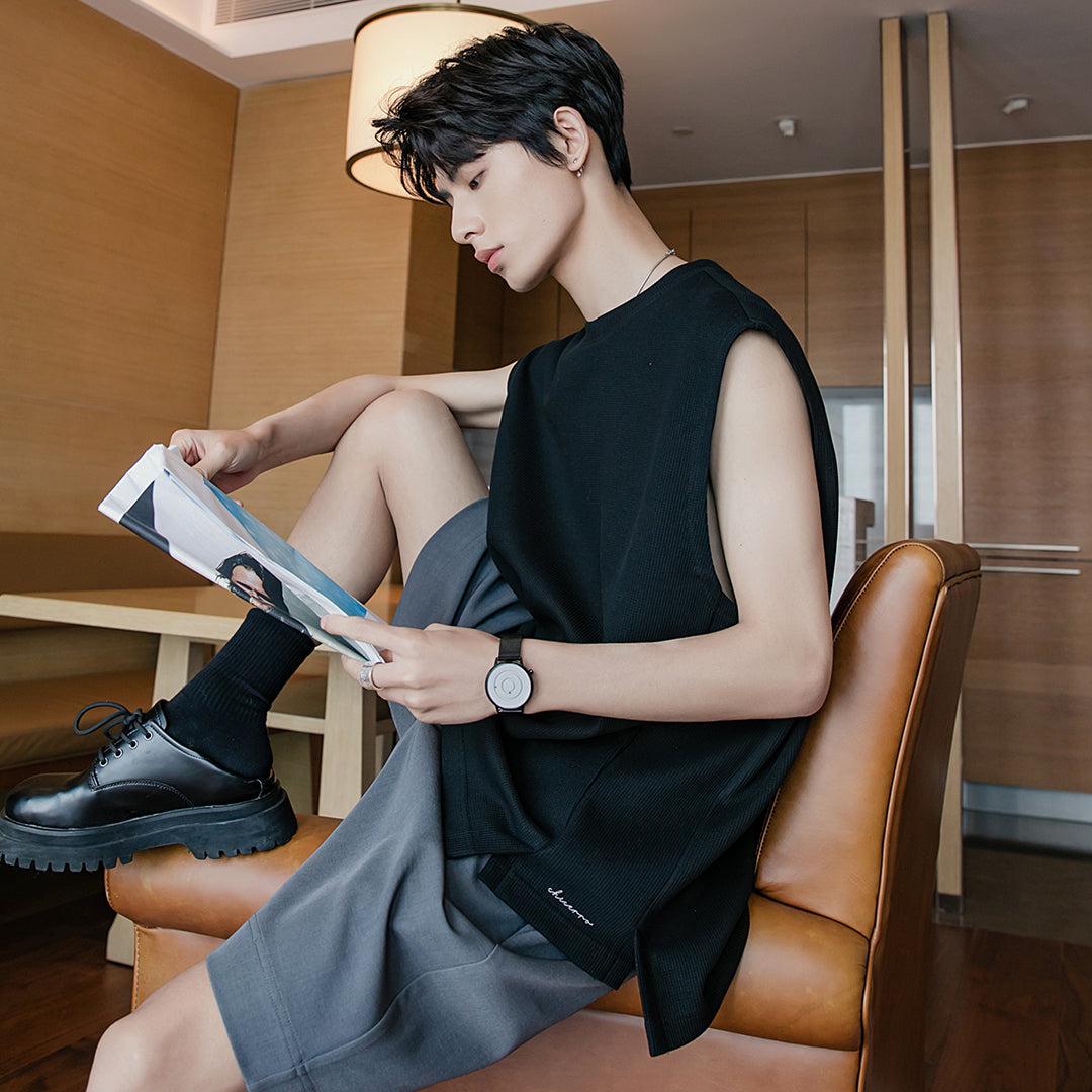 Chuan Letter Embroidered Thin Textured Tank Top-korean-fashion-Tank Top-Chuan's Closet-OH Garments