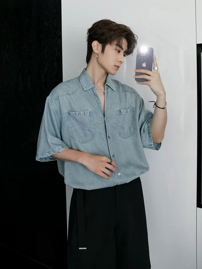 Chuan Light Washed Two-Pocket Denim Shirt-korean-fashion-Shirt-Chuan's Closet-OH Garments
