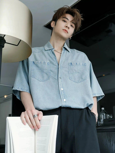 Chuan Light Washed Two-Pocket Denim Shirt-korean-fashion-Shirt-Chuan's Closet-OH Garments