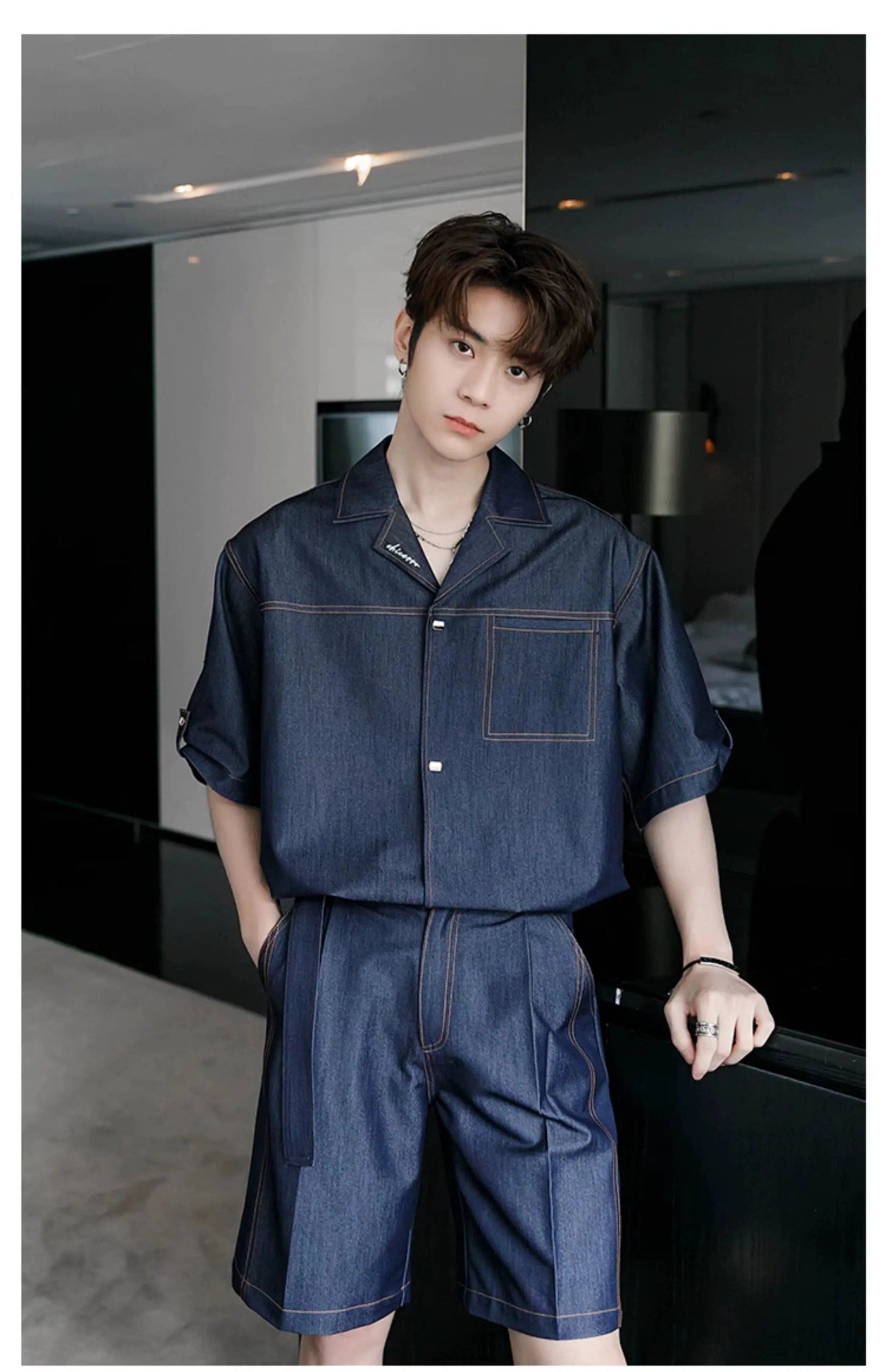 Chuan Logo Stitched Outline Denim Shirt & Casual Denim Shorts Set-korean-fashion-Clothing Set-Chuan's Closet-OH Garments