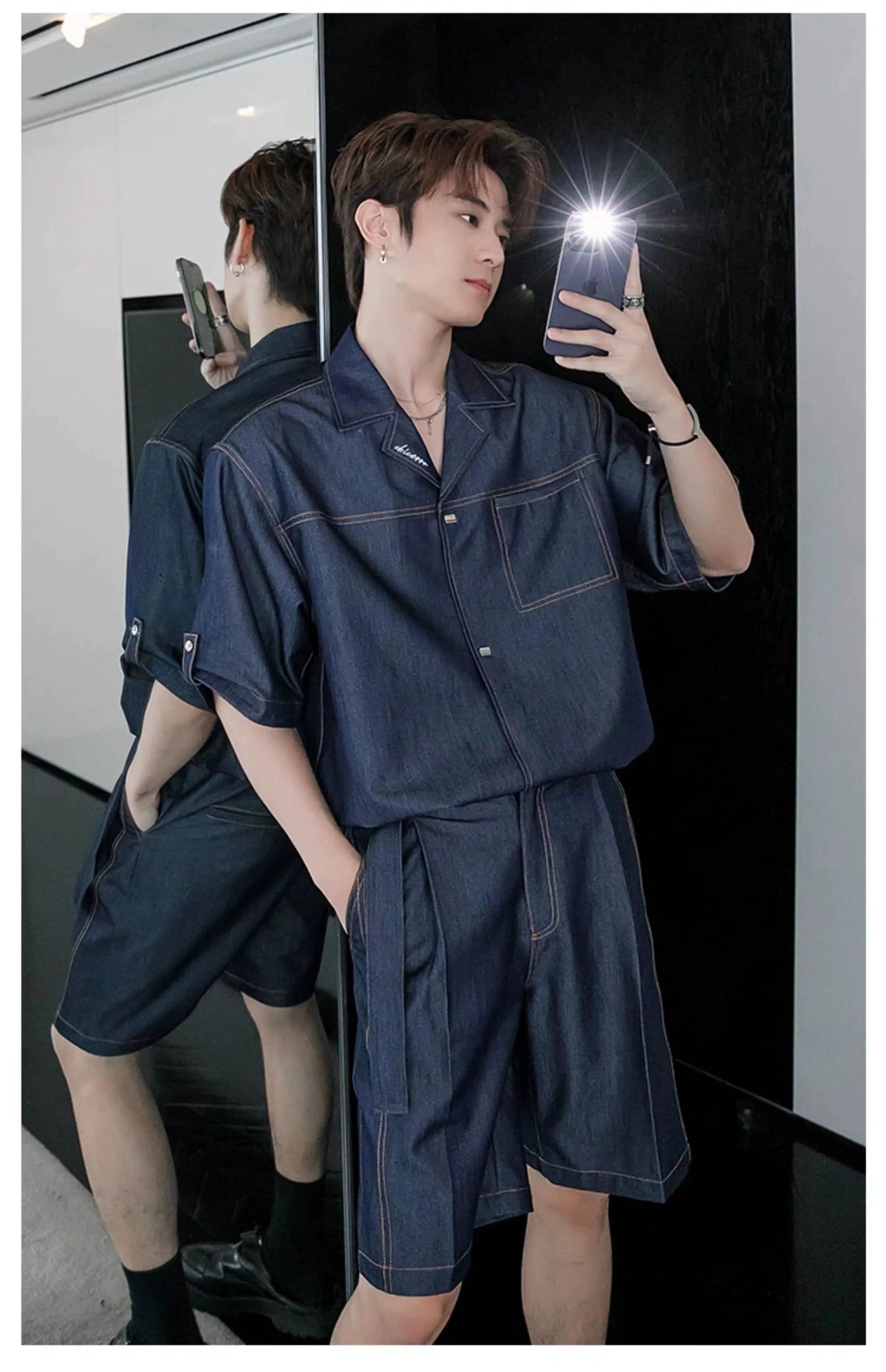 Chuan Logo Stitched Outline Denim Shirt & Casual Denim Shorts Set-korean-fashion-Clothing Set-Chuan's Closet-OH Garments