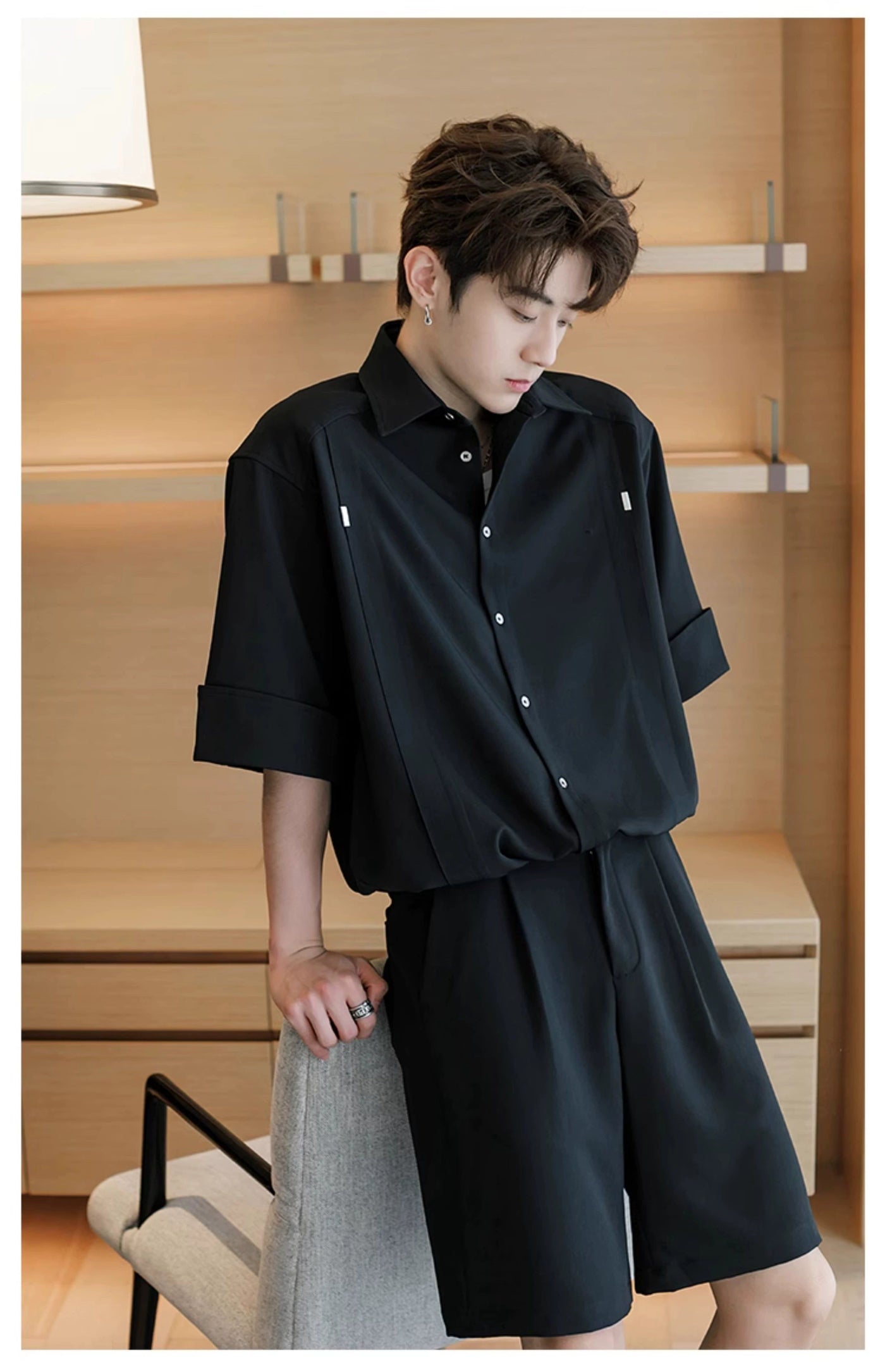 Chuan Loose Buttoned Shirt & Suit Shorts Set-korean-fashion-Clothing Set-Chuan's Closet-OH Garments