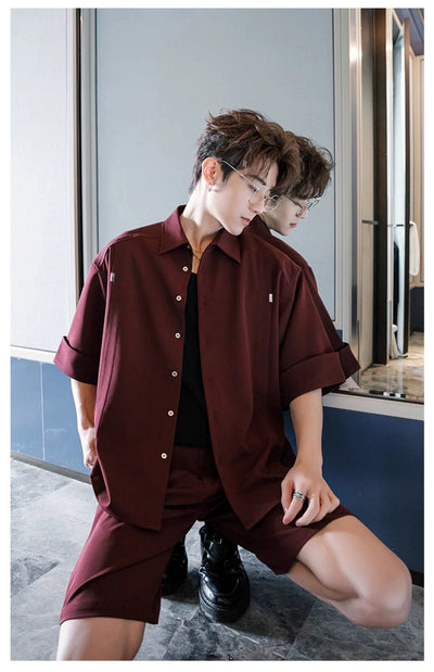Chuan Loose Buttoned Shirt & Suit Shorts Set-korean-fashion-Clothing Set-Chuan's Closet-OH Garments