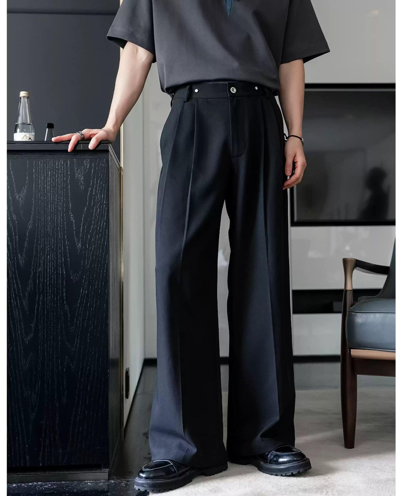 Chuan Metal Rivet Pleated Trousers-korean-fashion-Trousers-Chuan's Closet-OH Garments