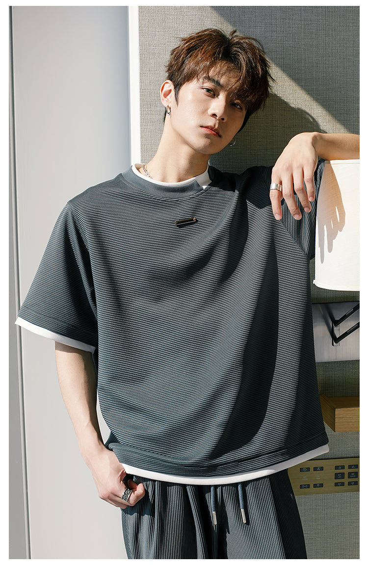 Chuan Metallic Bar Contrast Hem T-Shirt-korean-fashion-T-Shirt-Chuan's Closet-OH Garments