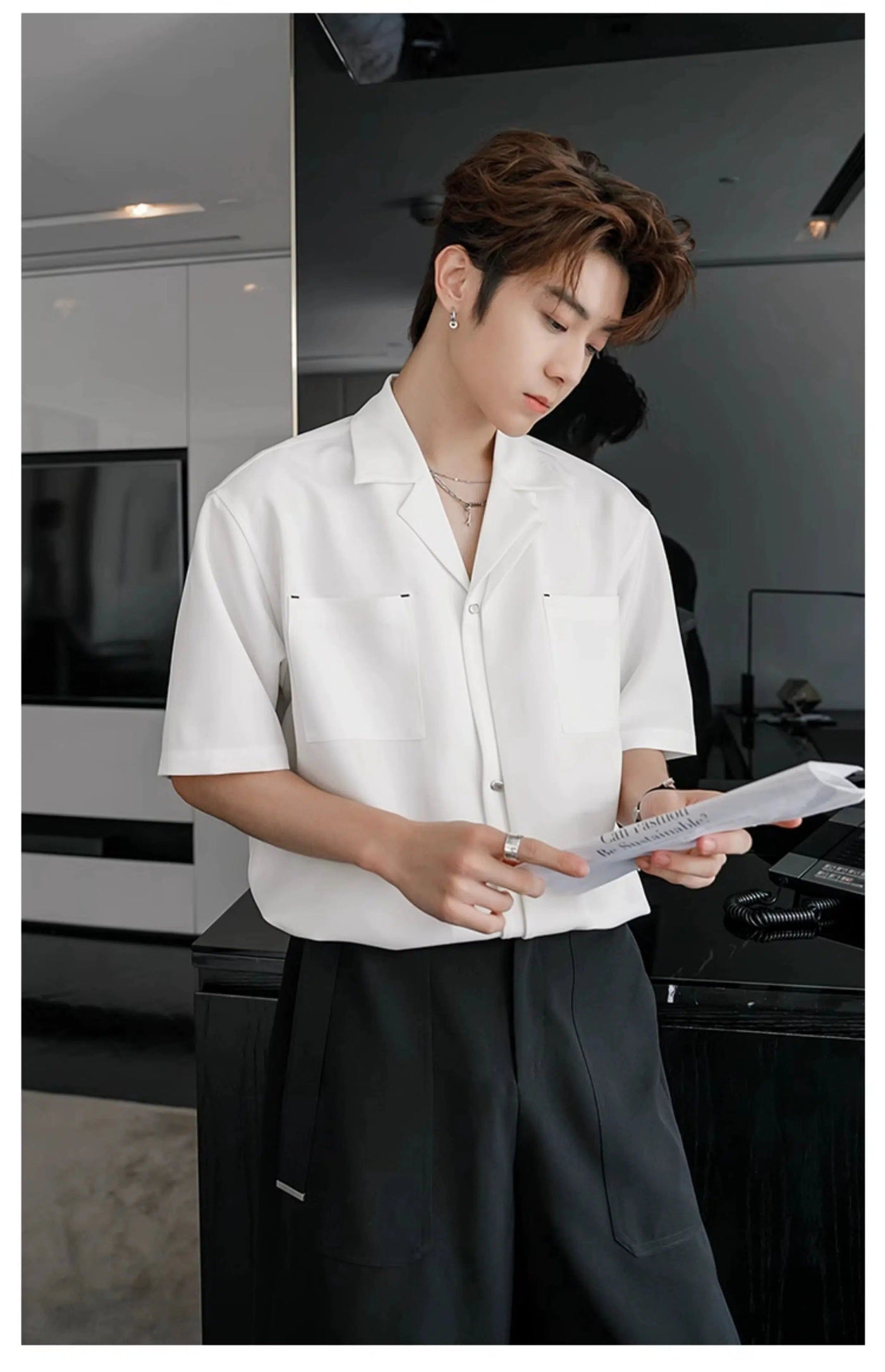 Chuan Metallic Buttons Two-Pocket Shirt-korean-fashion-Shirt-Chuan's Closet-OH Garments