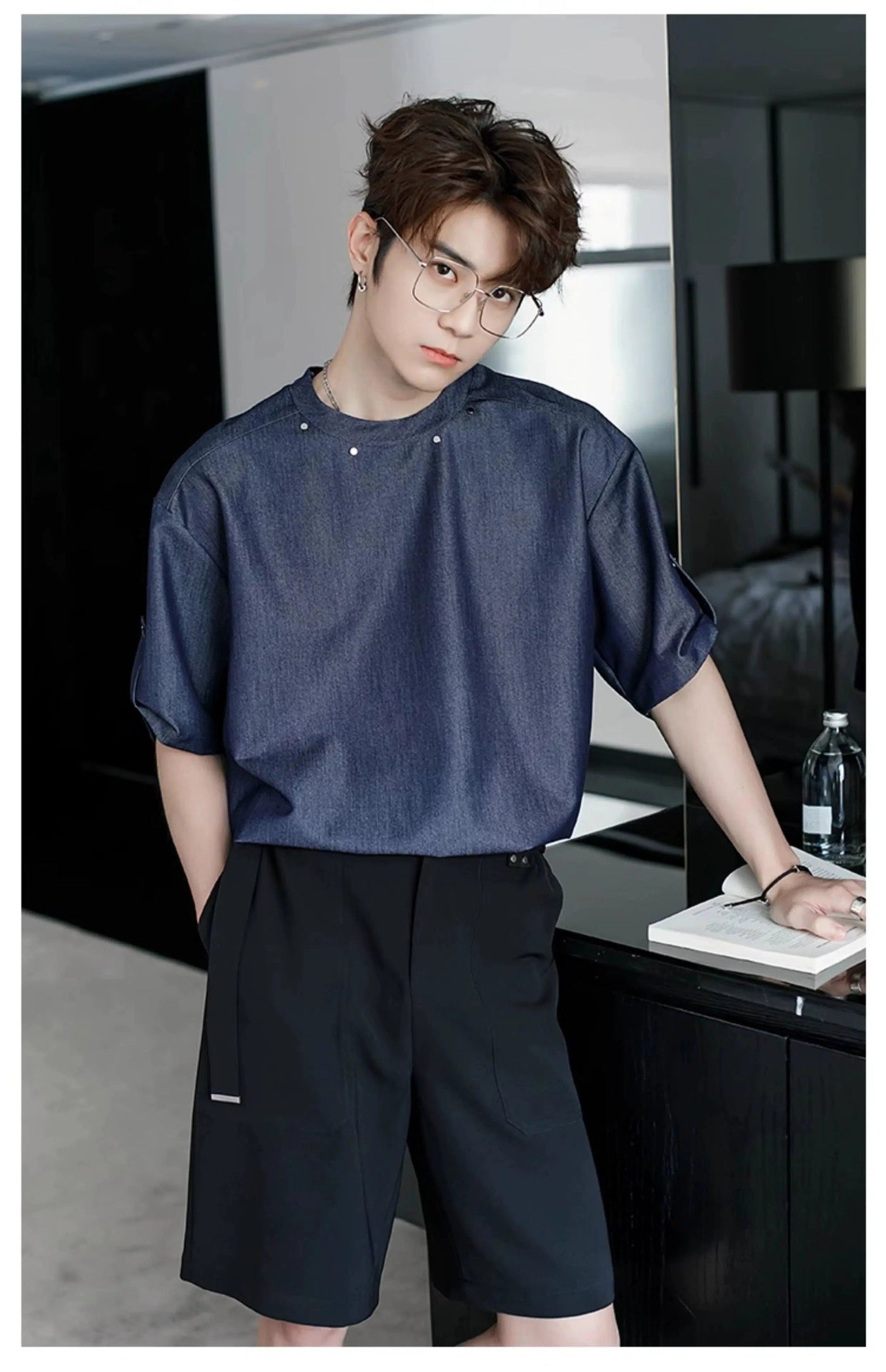 Chuan Metallic Roll Sleeves Denim T-Shirt-korean-fashion-T-Shirt-Chuan's Closet-OH Garments