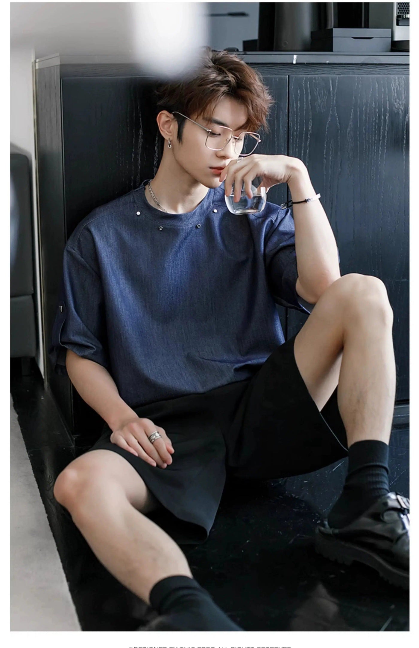 Chuan Metallic Roll Sleeves Denim T-Shirt-korean-fashion-T-Shirt-Chuan's Closet-OH Garments