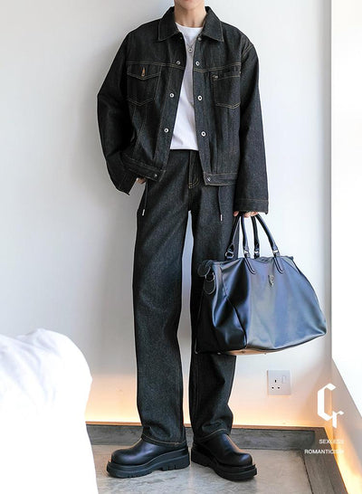 Chuan Minimal Outline Stitch Denim Jacket & Jeans Set-korean-fashion-Clothing Set-Chuan's Closet-OH Garments