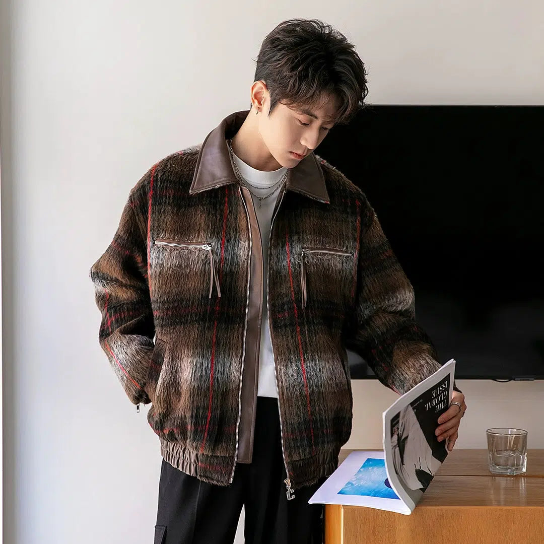 Chuan Multi-Pocket Fuzzy Plaid Jacket-korean-fashion-Jacket-Chuan's Closet-OH Garments