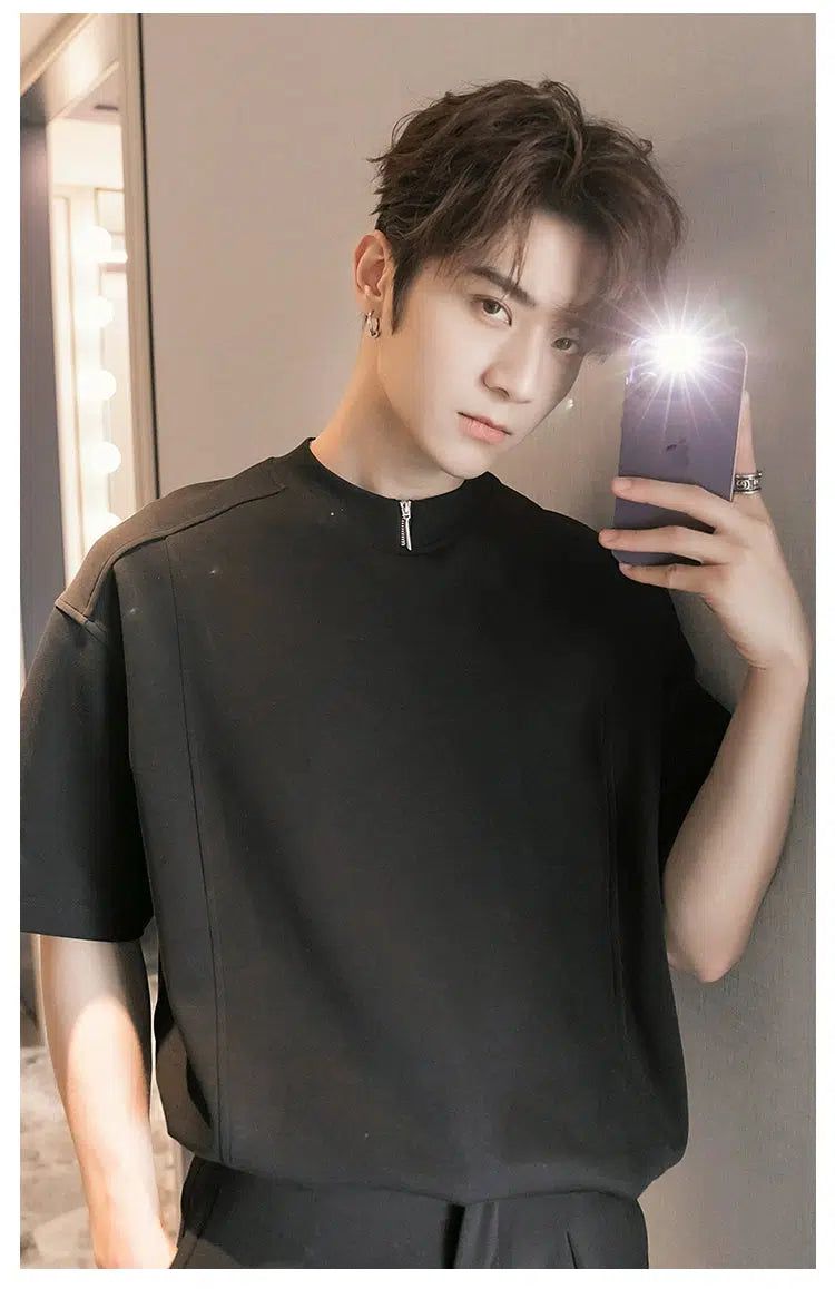 Chuan Neck Zip Long Sleeve T-Shirt-korean-fashion-T-Shirt-Chuan's Closet-OH Garments