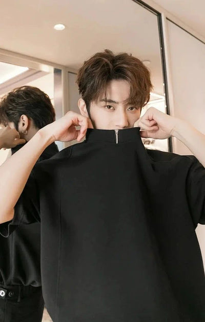 Chuan Neck Zip Long Sleeve T-Shirt-korean-fashion-T-Shirt-Chuan's Closet-OH Garments