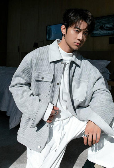 Chuan Non Parallel Pocket Knit Texture Jacket-korean-fashion-Jacket-Chuan's Closet-OH Garments
