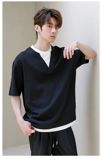 Chuan Oversized Two-Piece Contrast T-Shirt-korean-fashion-T-Shirt-Chuan's Closet-OH Garments