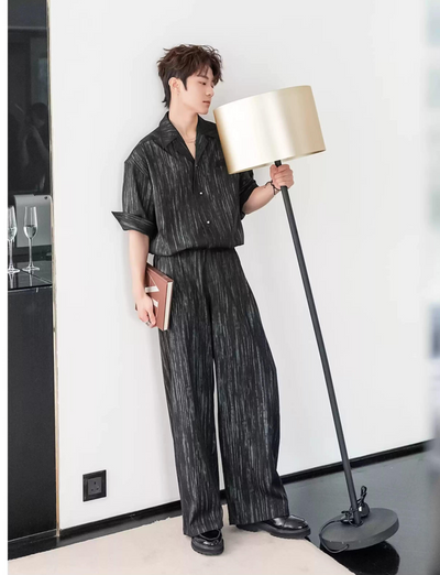Chuan Painted Stripes Shirt & Pleated Trousers Set-korean-fashion-Clothing Set-Chuan's Closet-OH Garments