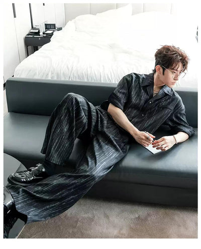 Chuan Painted Stripes Shirt & Pleated Trousers Set-korean-fashion-Clothing Set-Chuan's Closet-OH Garments