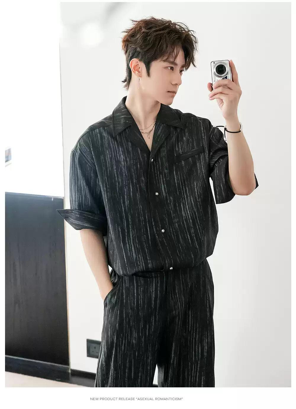 Chuan Painted Stripes Shirt & Pleated Trousers Set-korean-fashion-Clothing Set-Chuan's Closet-OH Garments