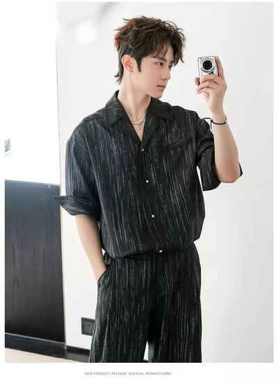 Chuan Painted Stripes Shirt & Pleated Trousers Set-korean-fashion-Clothing Set-Chuan's Closet-OH Garments