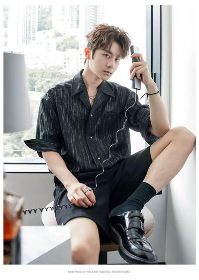Chuan Painted Stripes Shirt & Pleated Trousers Set-korean-fashion-Clothing Set-Chuan's Closet-OH Garments