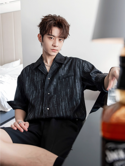 Chuan Painted Stripes Shirt & Pleated Trousers Set-korean-fashion-Clothing Set-Chuan's Closet-OH Garments