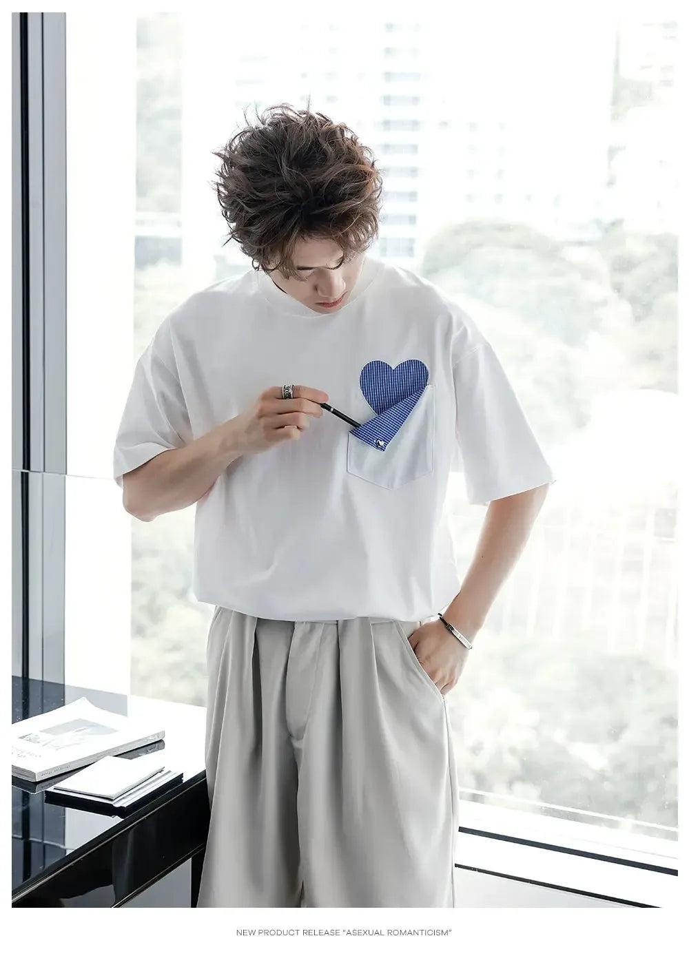 Chuan Plaid Heart Pocket T-Shirt-korean-fashion-T-Shirt-Chuan's Closet-OH Garments