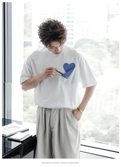 Chuan Plaid Heart Pocket T-Shirt-korean-fashion-T-Shirt-Chuan's Closet-OH Garments