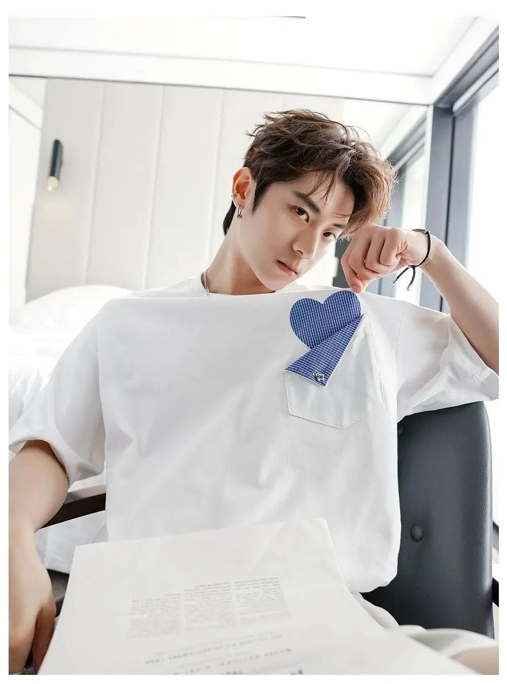Chuan Plaid Heart Pocket T-Shirt-korean-fashion-T-Shirt-Chuan's Closet-OH Garments