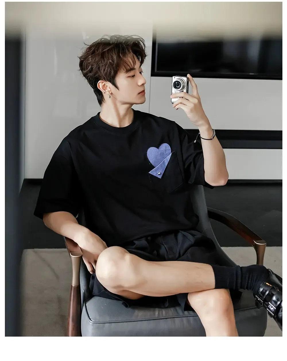 Chuan Plaid Heart Pocket T-Shirt-korean-fashion-T-Shirt-Chuan's Closet-OH Garments