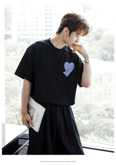 Chuan Plaid Heart Pocket T-Shirt-korean-fashion-T-Shirt-Chuan's Closet-OH Garments