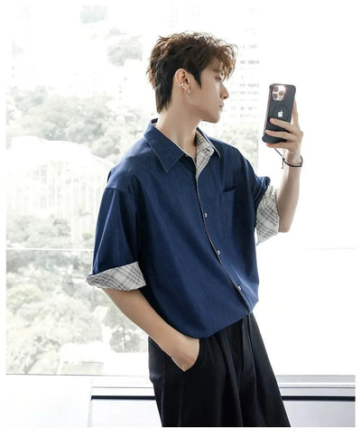 Chuan Plaid Reversible Short Sleeve Shirt-korean-fashion-Shirt-Chuan's Closet-OH Garments