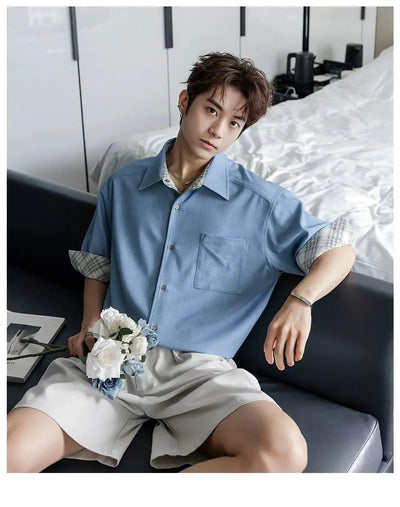 Chuan Plaid Reversible Short Sleeve Shirt-korean-fashion-Shirt-Chuan's Closet-OH Garments