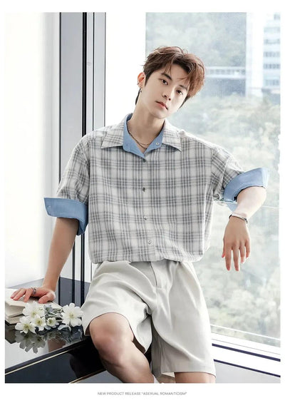Chuan Plaid Reversible Short Sleeve Shirt-korean-fashion-Shirt-Chuan's Closet-OH Garments