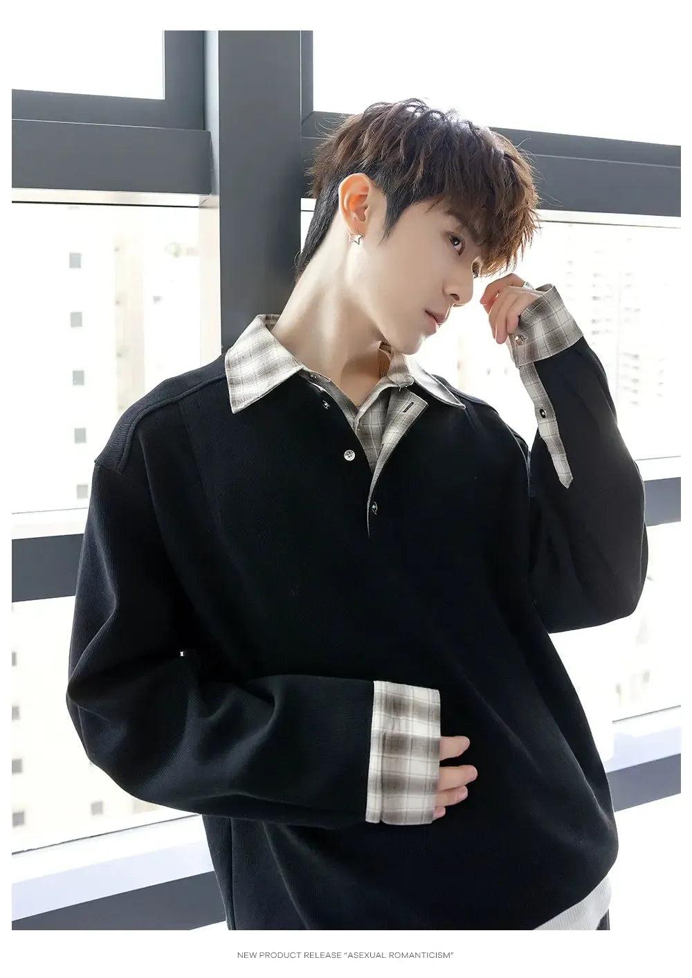 Chuan Plaid Spliced Collar Half-Buttoned-korean-fashion-Jacket-Chuan's Closet-OH Garments