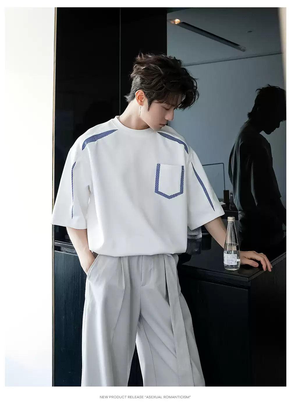 Chuan Plaid Splices Front Pocket T-Shirt-korean-fashion-T-Shirt-Chuan's Closet-OH Garments