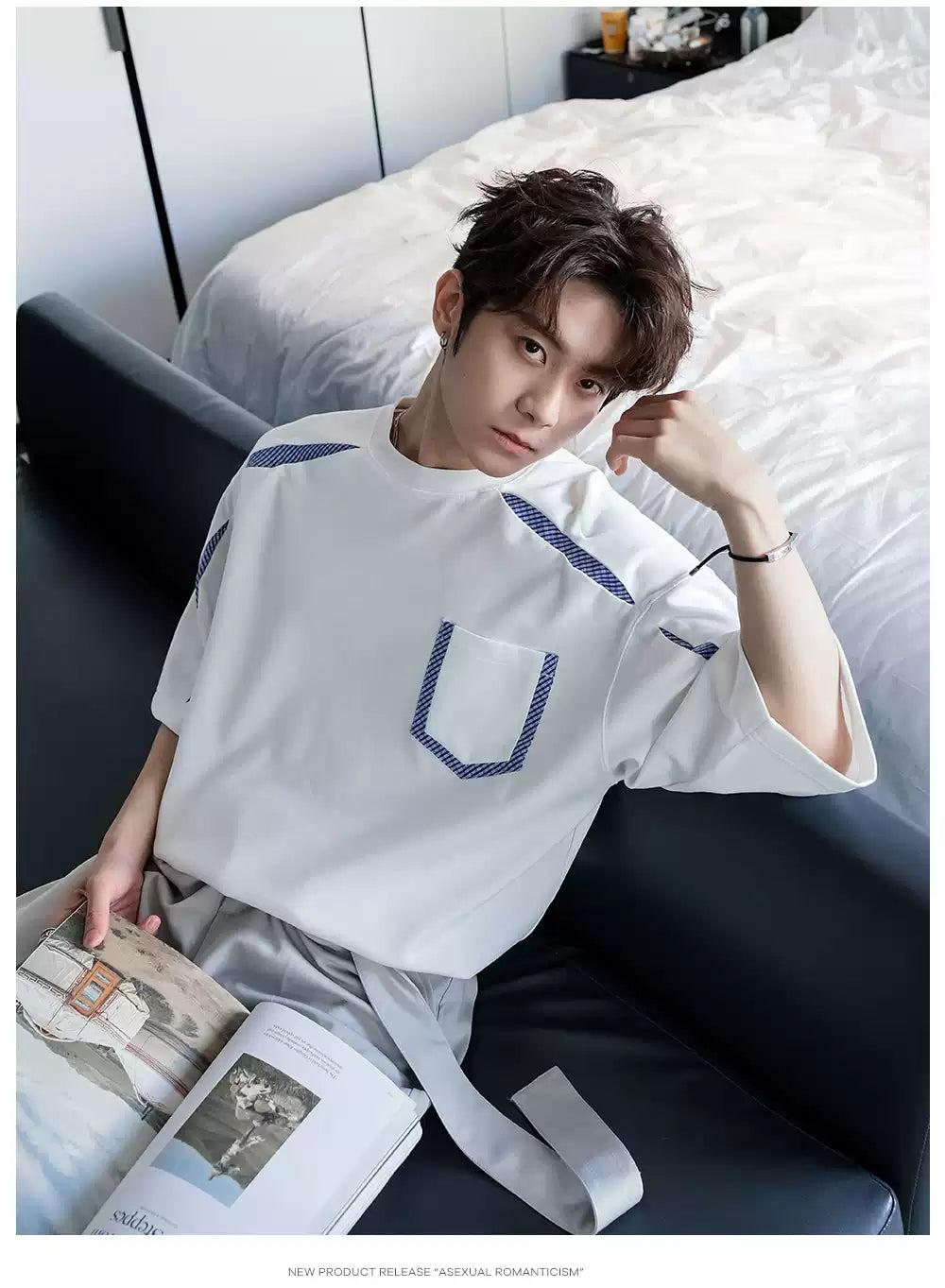 Chuan Plaid Splices Front Pocket T-Shirt-korean-fashion-T-Shirt-Chuan's Closet-OH Garments