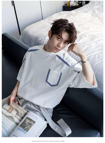 Chuan Plaid Splices Front Pocket T-Shirt-korean-fashion-T-Shirt-Chuan's Closet-OH Garments