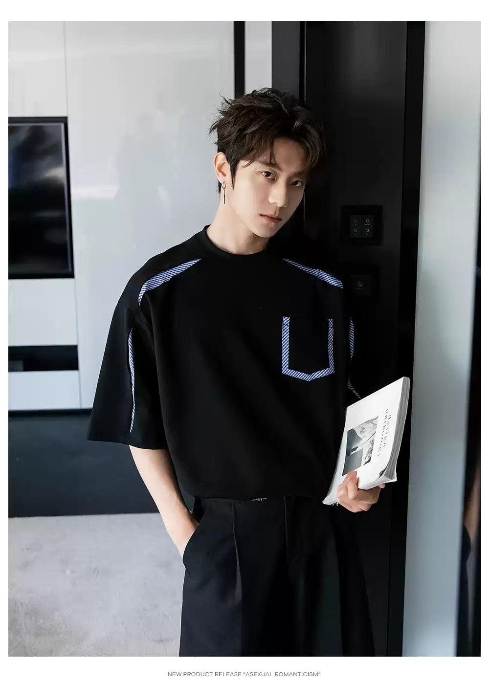 Chuan Plaid Splices Front Pocket T-Shirt-korean-fashion-T-Shirt-Chuan's Closet-OH Garments
