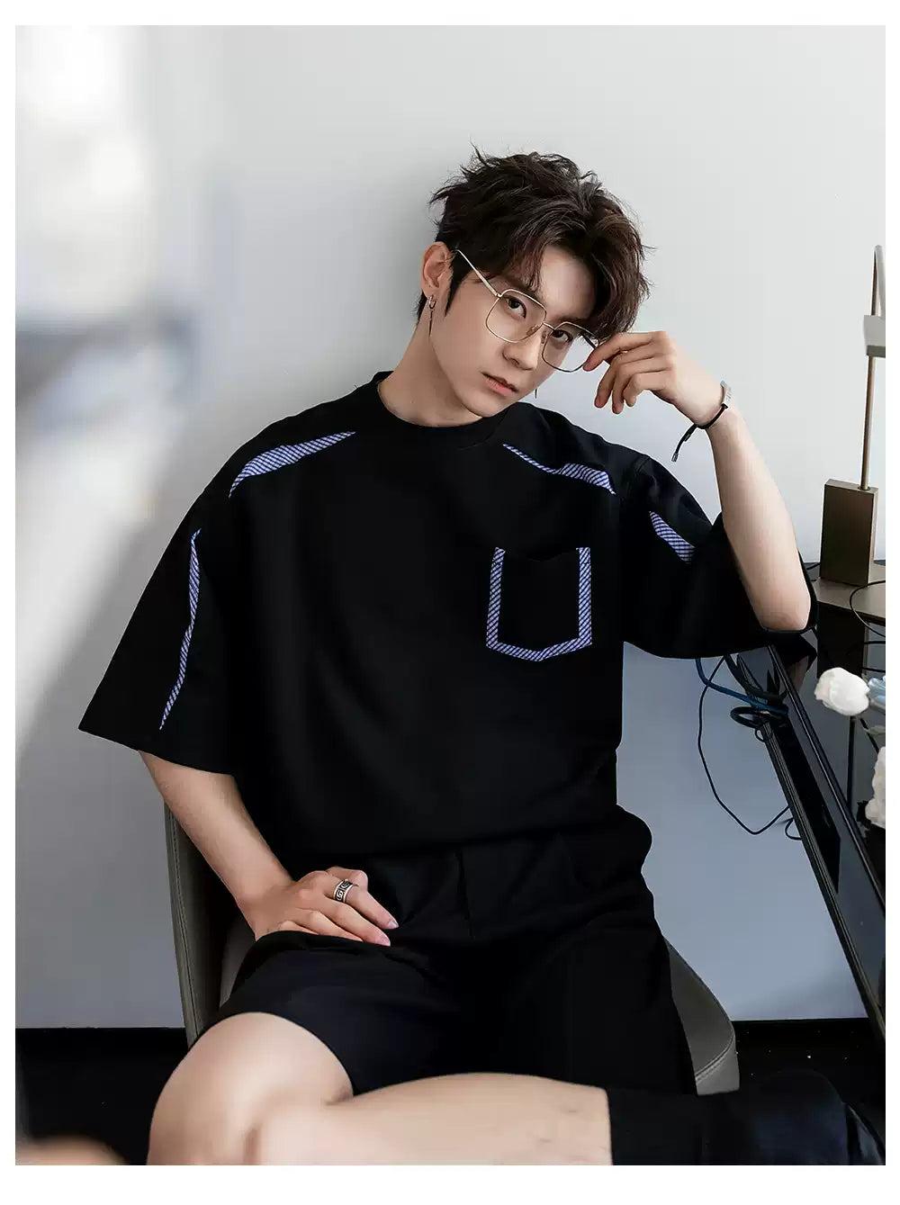 Chuan Plaid Splices Front Pocket T-Shirt-korean-fashion-T-Shirt-Chuan's Closet-OH Garments