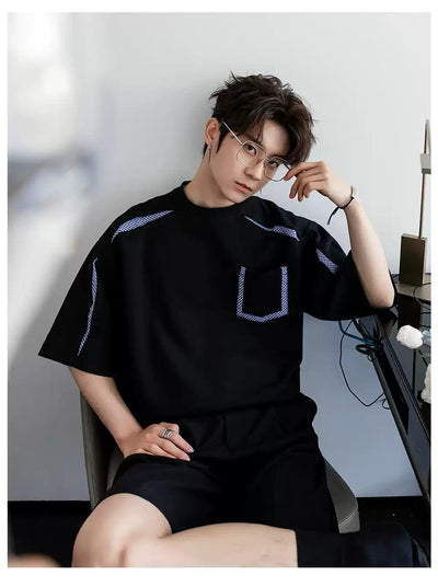 Chuan Plaid Splices Front Pocket T-Shirt-korean-fashion-T-Shirt-Chuan's Closet-OH Garments