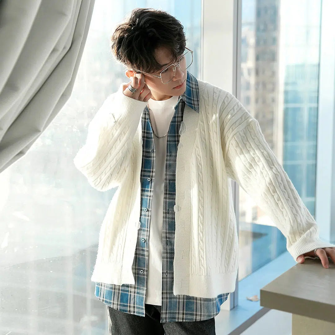 Chuan Plaid & Twisted Knit Textured Shirt-korean-fashion-Shirt-Chuan's Closet-OH Garments