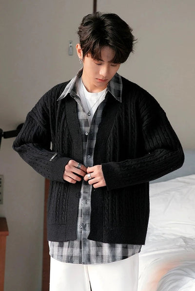 Chuan Plaid & Twisted Knit Textured Shirt-korean-fashion-Shirt-Chuan's Closet-OH Garments