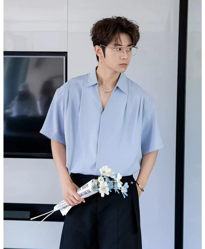 Chuan Plain Pleated Buttoned Shirt-korean-fashion-Shirt-Chuan's Closet-OH Garments